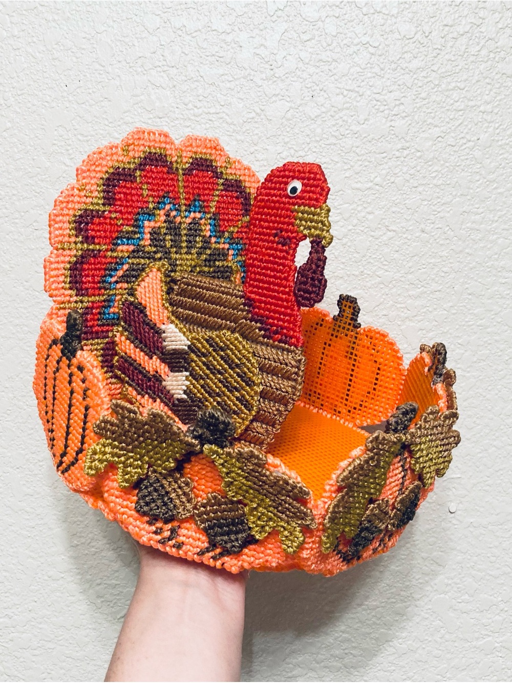 Fall Thanksgiving Turkey Plastic Canvas Candy Bowl Centerpiece - Picture 2 of 14